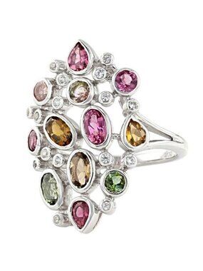 Multicolor Tourmaline Sterling Silver Ring Cluster Size 6 Gemstone Cocktail